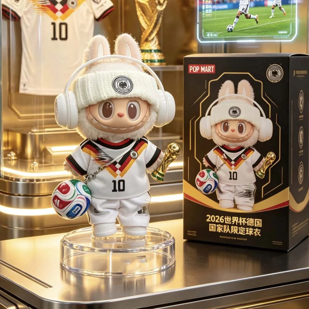 Labubu Football Jersey Outfit Series - National Football Team Inspired Set - Germany 7-Piece Set (Jersey + Shorts + Shoes + Ball + Trophy + Hat + Earphones) doll outfit front view | KikiBuddies