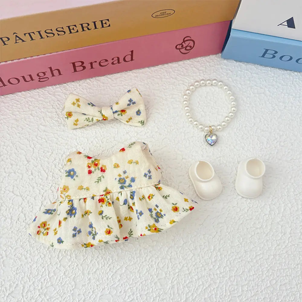 Labubu / Crybaby Doll Outfit - Vintage Floral Dress Set for 17cm Collectible Figure - detail view | KikiBuddies