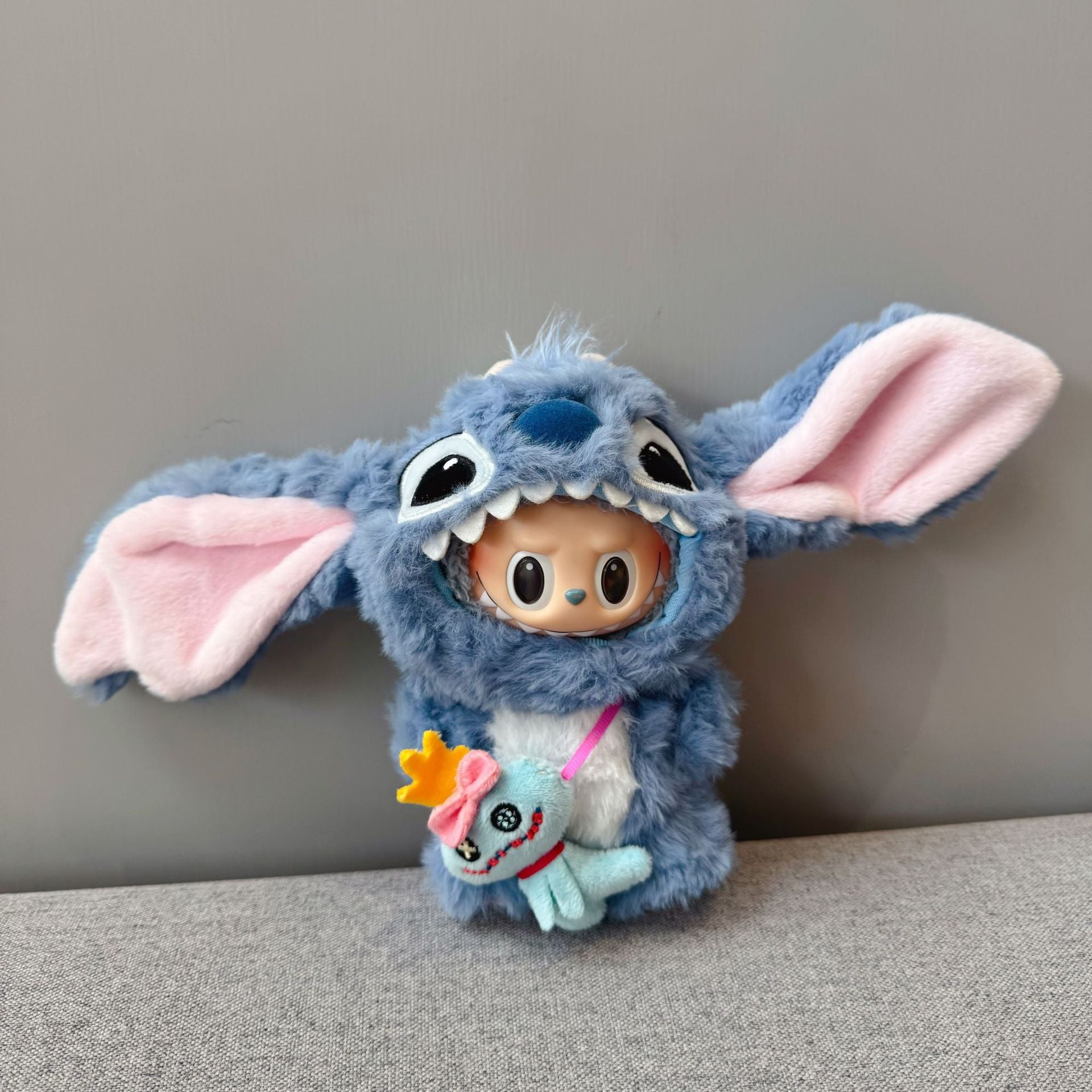 Labubu Doll Outfit - Blue Plush Character Costume for 17cm Collectible Figure - detail view | KikiBuddies