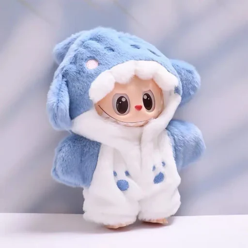 Labubu Doll Outfit - Blue Shark Plush Onesie Jumpsuit for 17cm Collectible Figure - front view | KikiBuddies