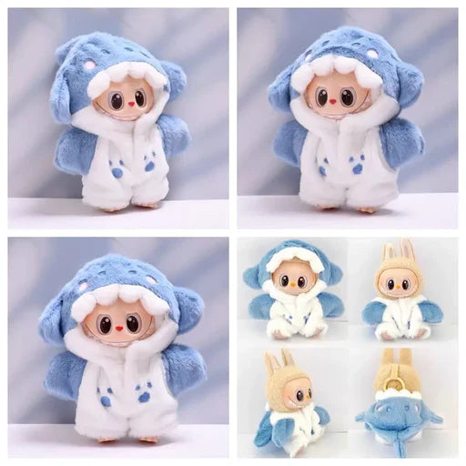 Labubu Doll Outfit - Blue Shark Plush Onesie Jumpsuit for 17cm Collectible Figure - detail view | KikiBuddies