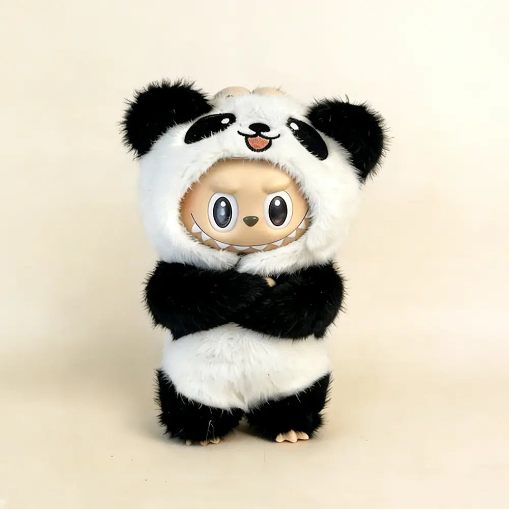 Labubu Doll Outfit - Fuzzy Panda Plush Hooded Jumpsuit for 17cm Collectible Figure - main product card | KikiBuddies