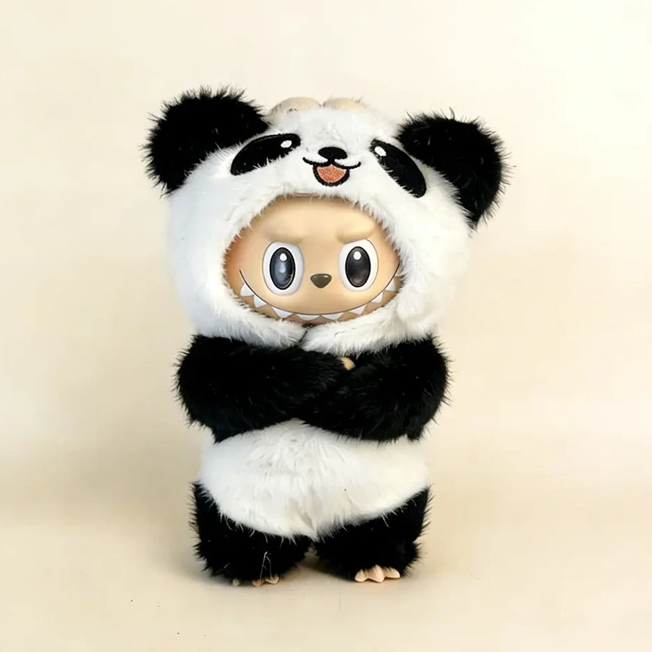 Labubu Doll Outfit - Fuzzy Panda Plush Hooded Jumpsuit for 17cm Collectible Figure - main product card | KikiBuddies