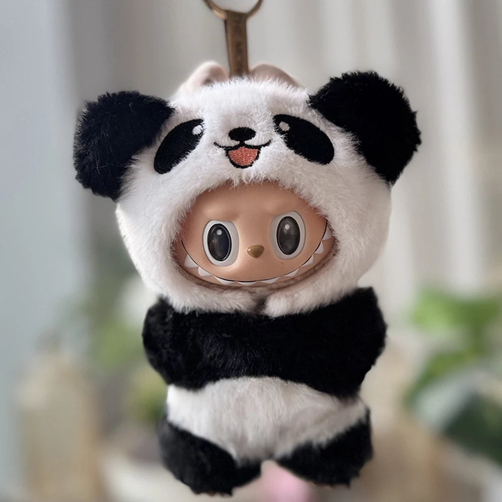 Labubu Doll Outfit - Fuzzy Panda Plush Hooded Jumpsuit for 17cm Collectible Figure - front view | KikiBuddies