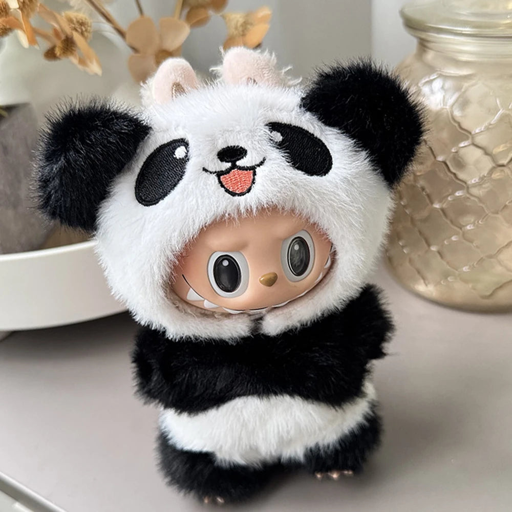 Labubu Doll Outfit - Fuzzy Panda Plush Hooded Jumpsuit for 17cm Collectible Figure - detail view | KikiBuddies