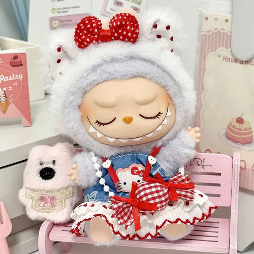 Labubu Doll Outfit - Pink Bow Jumper Dress for 17cm Collectible Figure - detail view | KikiBuddies