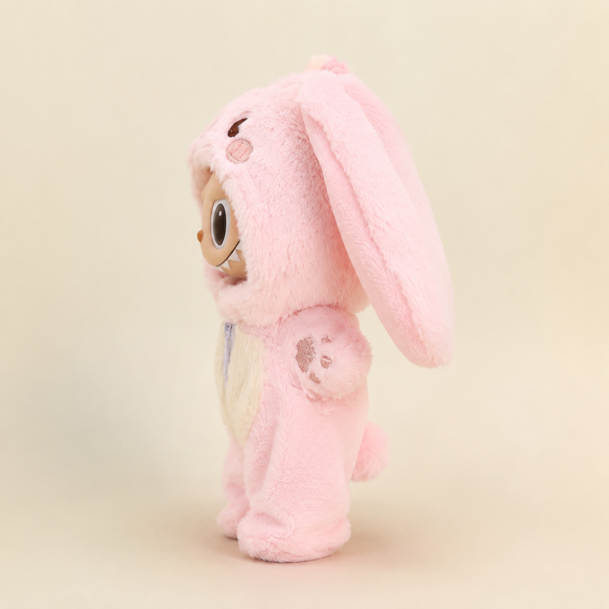 Labubu Doll Outfit - Pink Bunny Plush Hooded Jumpsuit for 17cm Collectible Figure - front view | KikiBuddies