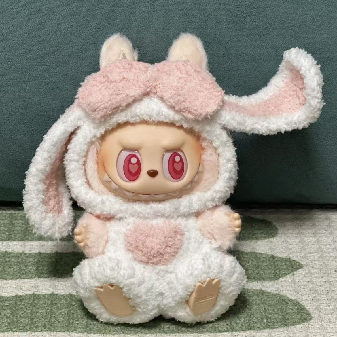 Labubu Doll Outfit - Pink Lop Ear Bunny Onesie for 17cm Collectible Figure - front view | KikiBuddies