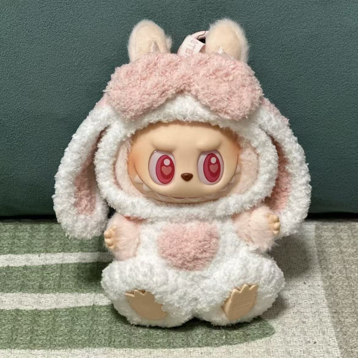 Labubu Doll Outfit - Pink Lop Ear Bunny Onesie for 17cm Collectible Figure - detail view | KikiBuddies