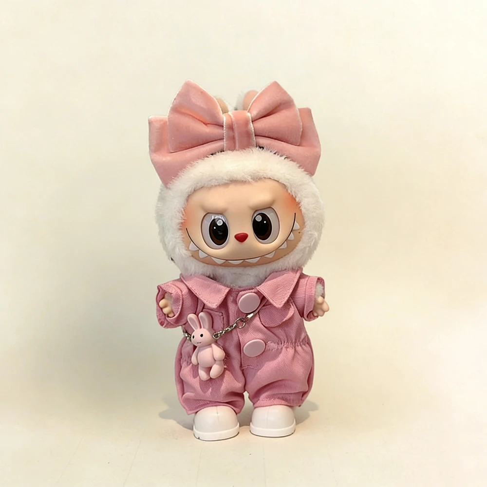 Labubu Doll Outfit - Pink Ribbon Cargo Jumpsuit 4-Piece Set for 17cm Collectible Figure - main product card | KikiBuddies