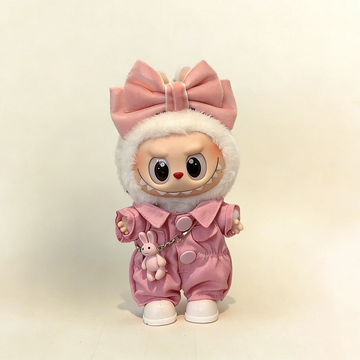 Labubu Doll Outfit - Pink Ribbon Cargo Jumpsuit 4-Piece Set for 17cm Collectible Figure - main product card | KikiBuddies