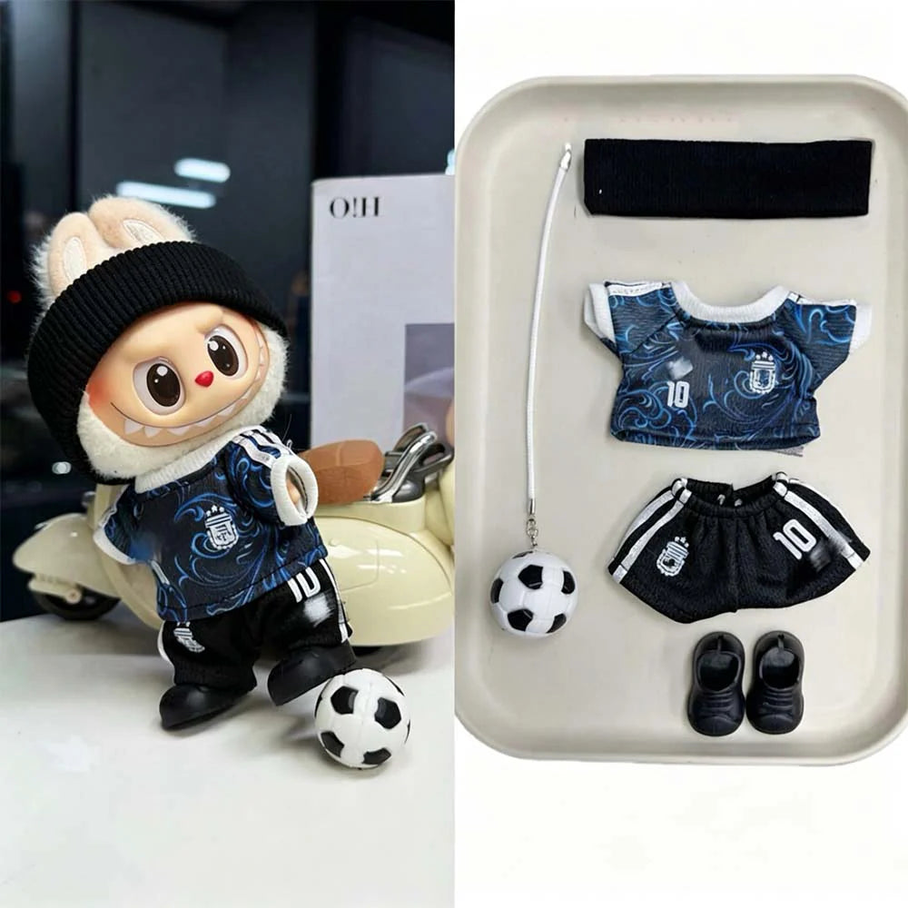 Labubu Football Jersey Outfit Series - Football National Team Inspired 17cm - Argentina Away Dark Navy/Black #10 — 5-Piece Set doll outfit lifestyle scene | KikiBuddies