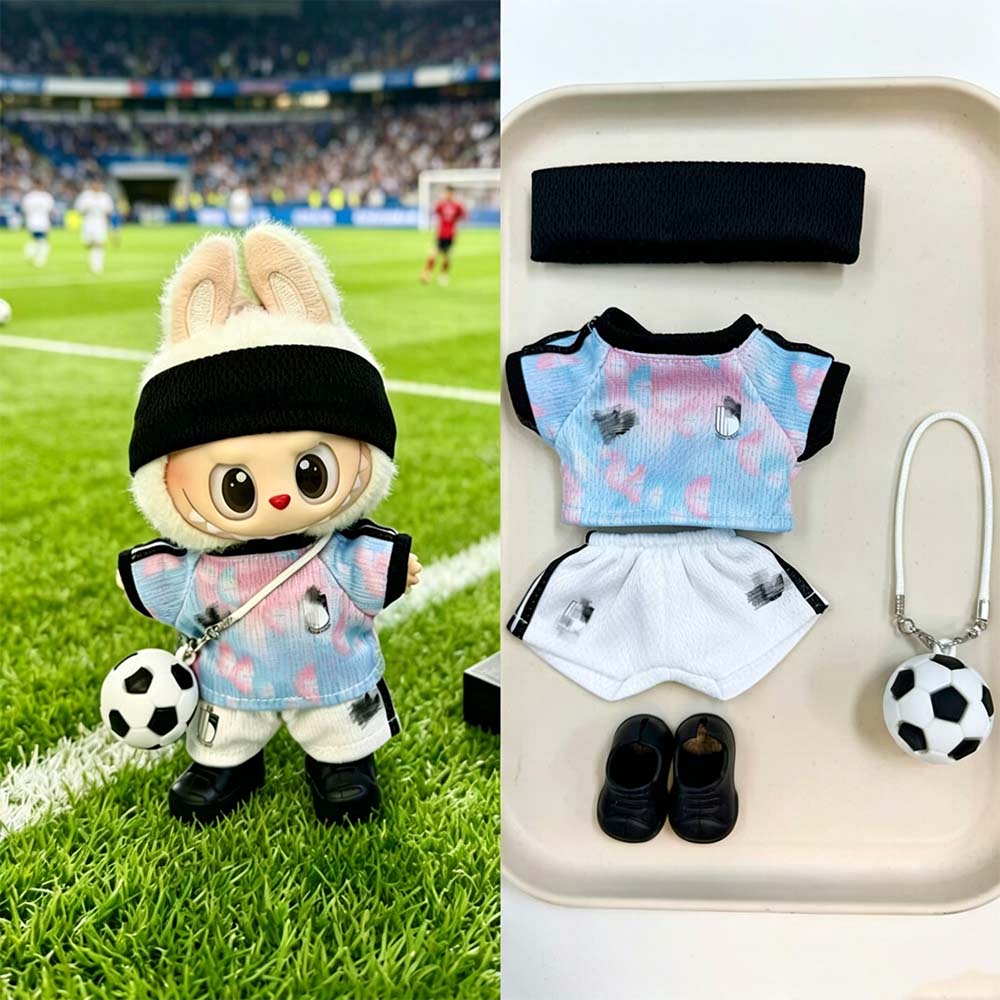 Labubu Football Jersey Outfit Series - Football National Team Inspired 17cm - Belgium Away Pink/Blue (No Number) — 5-Piece Set doll outfit detail view 12 | KikiBuddies