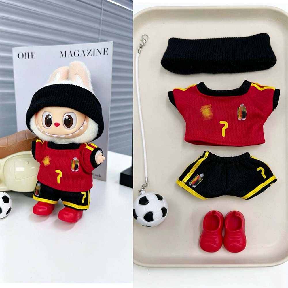 Labubu Football Jersey Outfit Series - Football National Team Inspired 17cm - Belgium Home Red/Black #7 — 5-Piece Set doll outfit detail view 11 | KikiBuddies