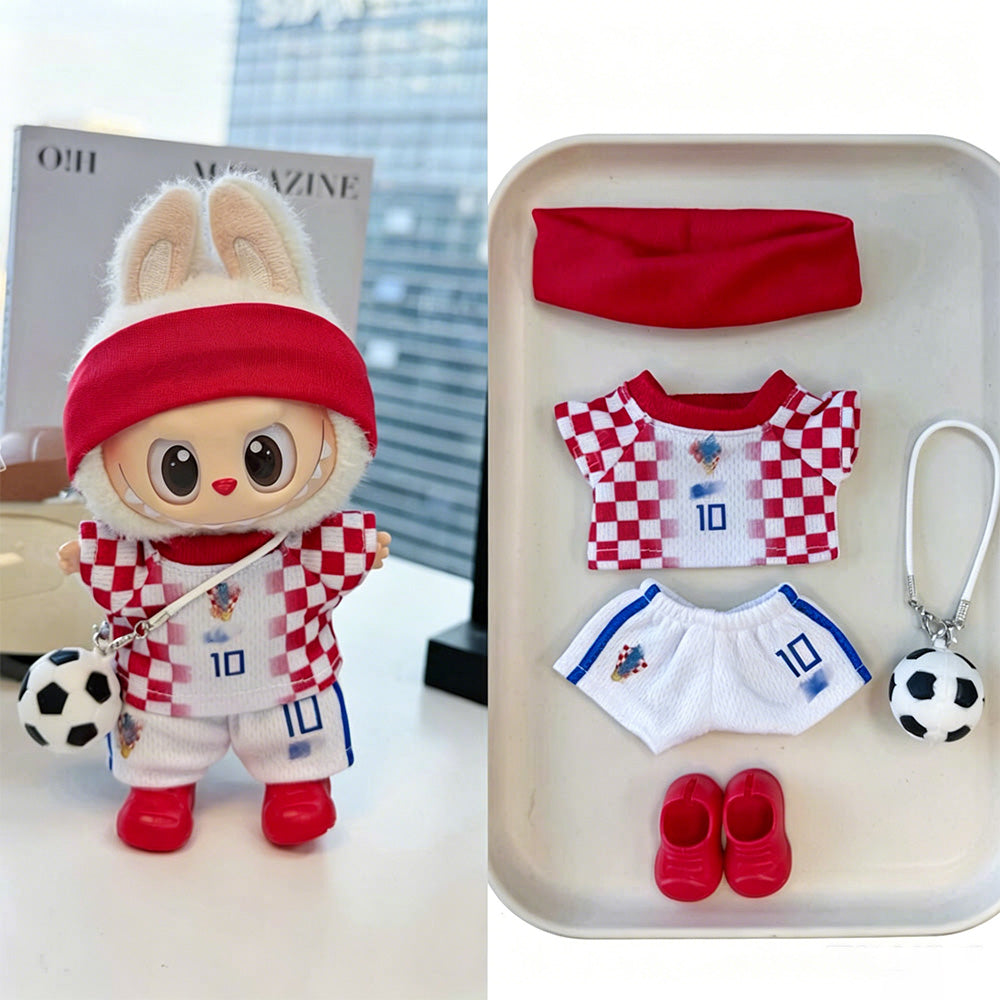 Labubu Football Jersey Outfit Series - Football National Team Inspired 17cm - Croatia Home Red Check #10 — 5-Piece Set doll outfit detail view 23 | KikiBuddies