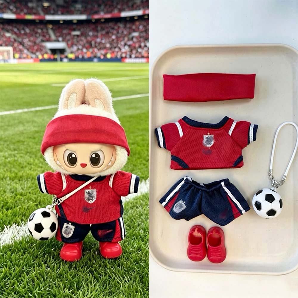 Labubu Football Jersey Outfit Series - Football National Team Inspired 17cm - England Away Red/Navy — 5-Piece Set doll outfit detail view | KikiBuddies