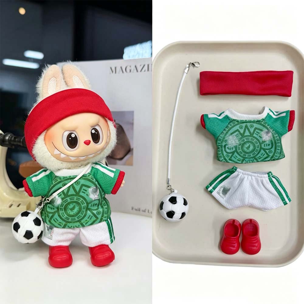 Labubu Football Jersey Outfit Series - Football National Team Inspired 17cm - Mexico Home Green/Red (No Number) — 5-Piece Set doll outfit detail view 14 | KikiBuddies
