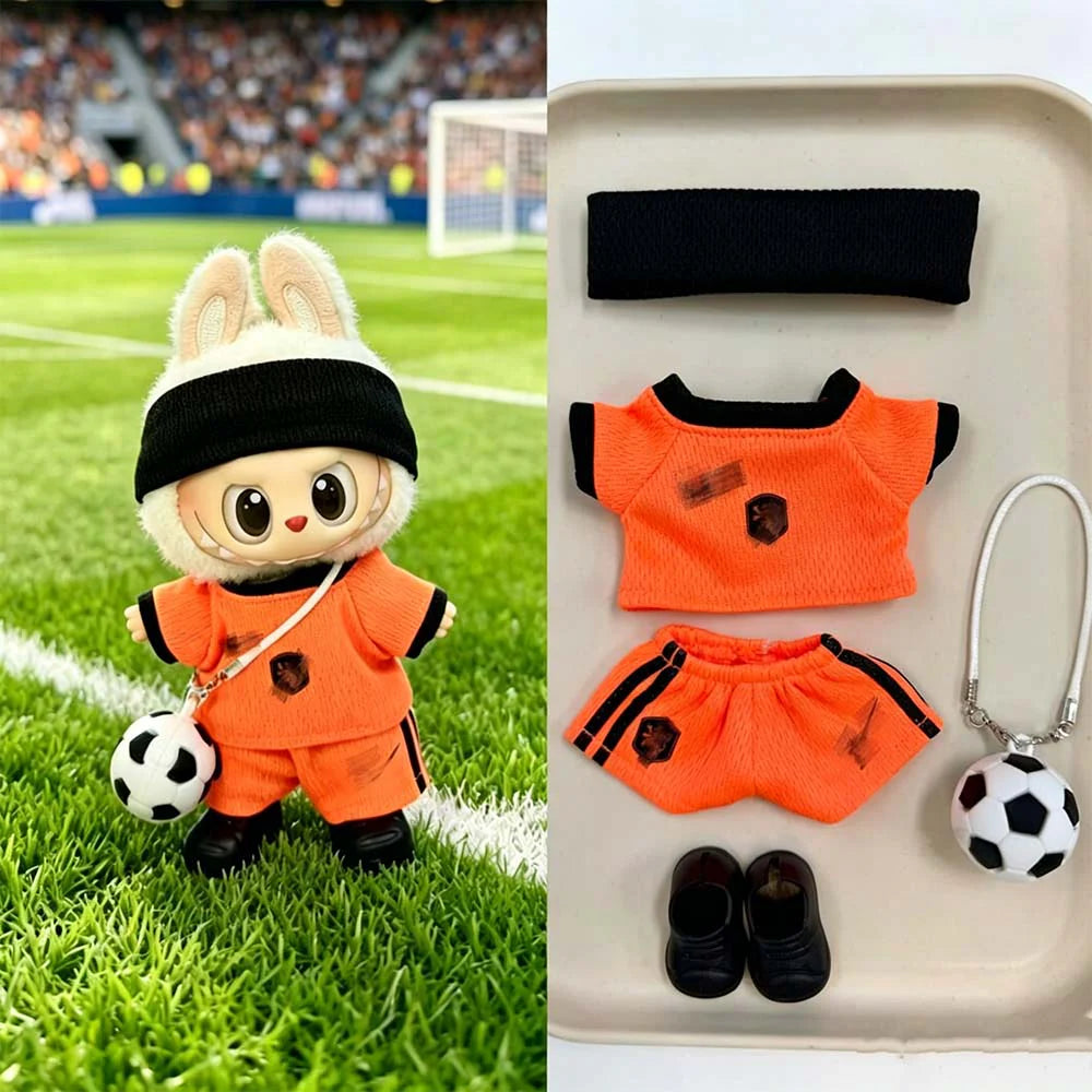 Labubu Football Jersey Outfit Series - Football National Team Inspired 17cm - Netherlands Home Orange/Black (No Number) — 5-Piece Set doll outfit detail view 6 | KikiBuddies