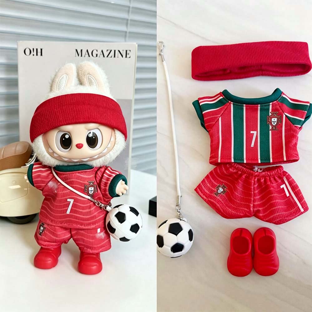 Labubu Football Jersey Outfit Series - Football National Team Inspired 17cm - Portugal Home Red Stripe #7 — 5-Piece Set doll outfit detail view 21 | KikiBuddies