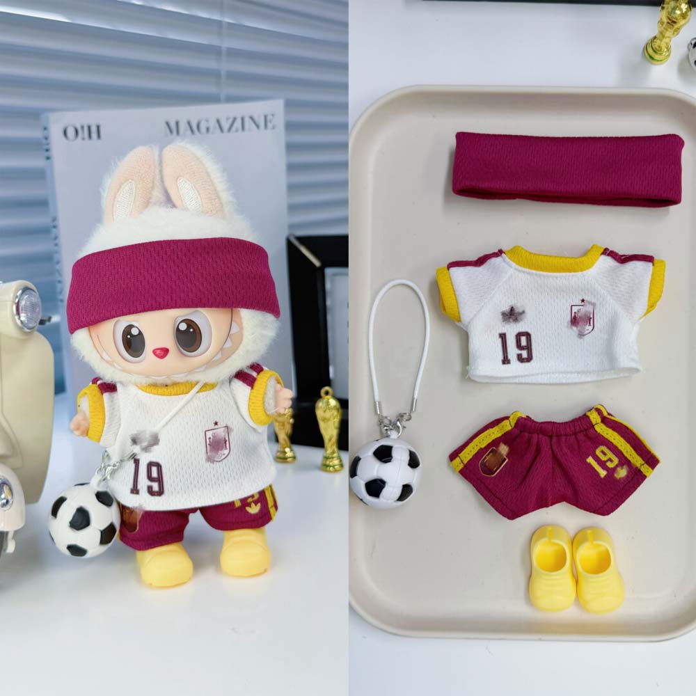 Labubu Football Jersey Outfit Series - Football National Team Inspired 17cm - Spain Away White/Red #19 — 5-Piece Set doll outfit detail view 18 | KikiBuddies