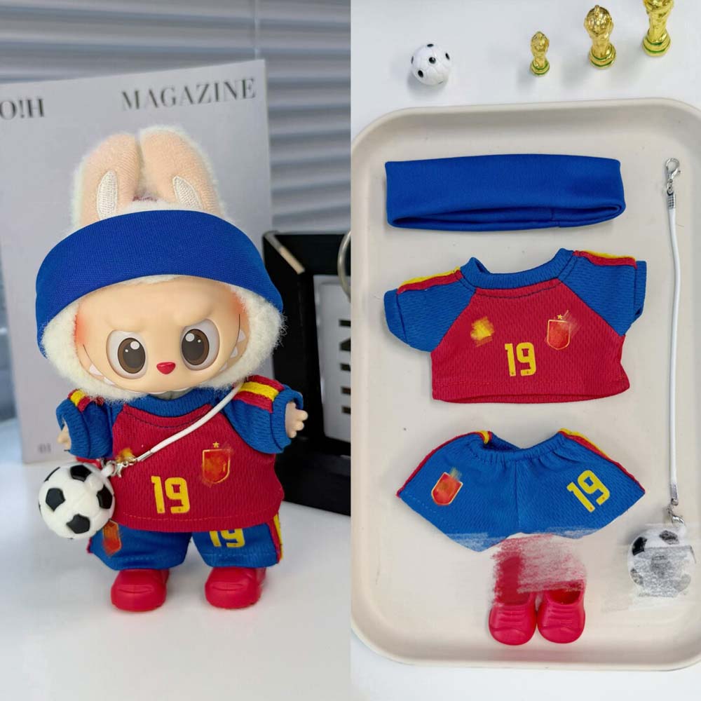 Labubu Football Jersey Outfit Series - Football National Team Inspired 17cm - Spain Home Red/Blue #19 — 5-Piece Set doll outfit detail view 19 | KikiBuddies