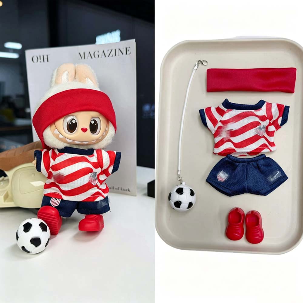 Labubu Football Jersey Outfit Series - Football National Team Inspired 17cm - USA Home Red (No Number) — 5-Piece Set doll outfit detail view 13 | KikiBuddies