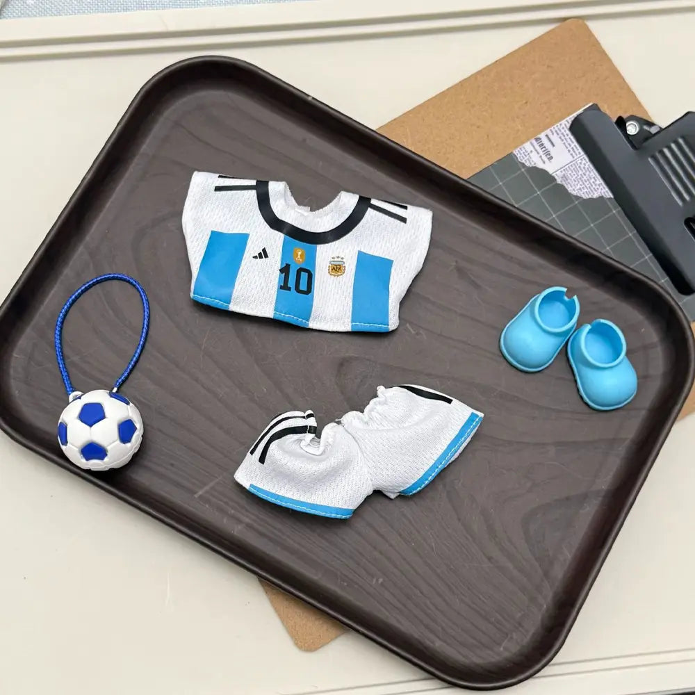 Labubu Football Jersey Outfit Set - World Cup Inspired with Mini Backpack 17cm - Argentina (Jersey + Shorts + Shoes + Mini Backpack) doll outfit detail view 10 | KikiBuddies