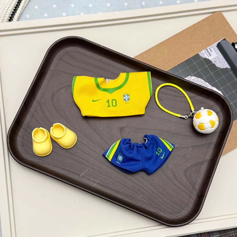 Labubu Football Jersey Outfit Set - World Cup Inspired with Mini Backpack 17cm - Brazil (Jersey + Shorts + Shoes + Mini Backpack) doll outfit detail view 11 | KikiBuddies