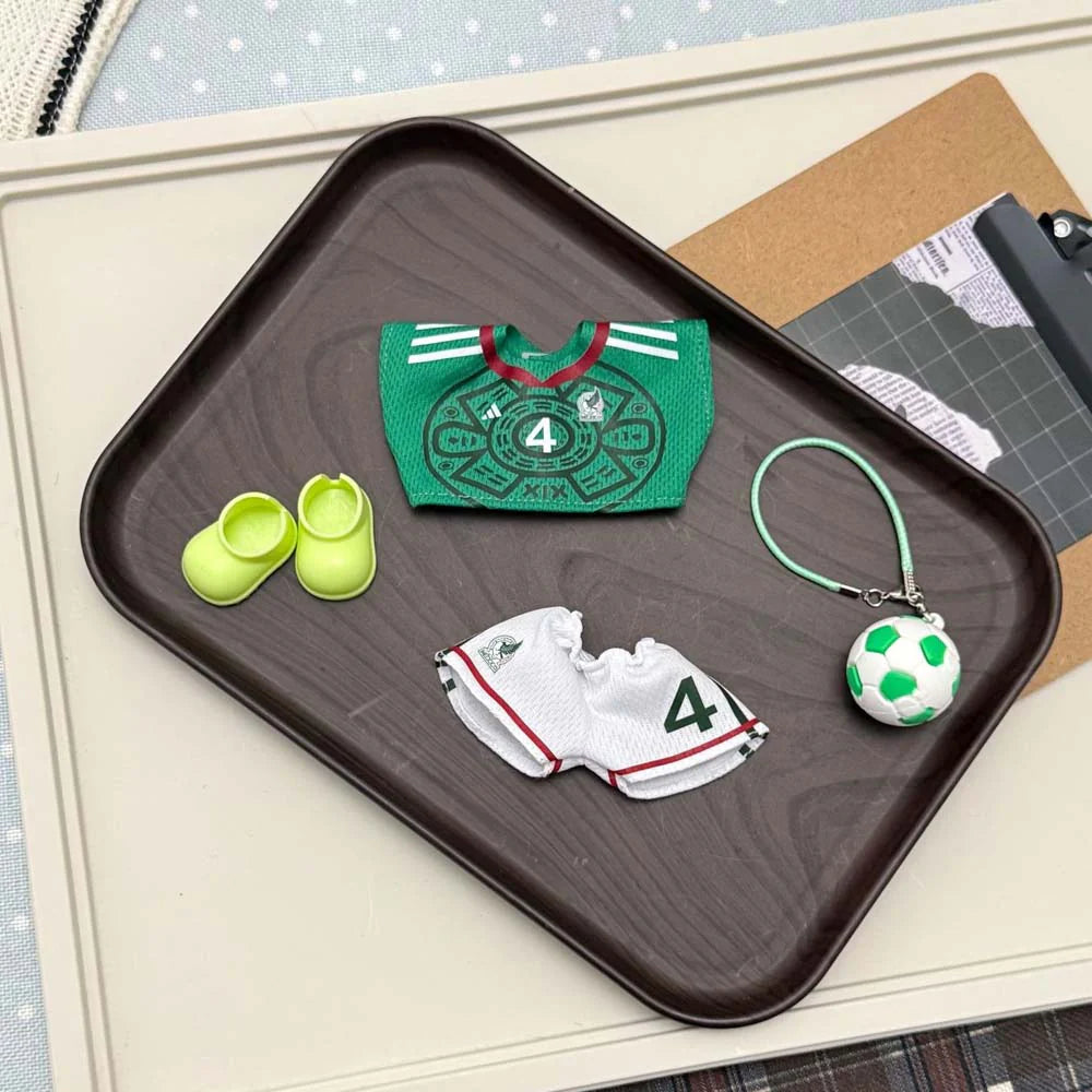 Labubu Football Jersey Outfit Set - World Cup Inspired with Mini Backpack 17cm - Mexico (Jersey + Shorts + Shoes + Mini Backpack) doll outfit detail view 8 | KikiBuddies