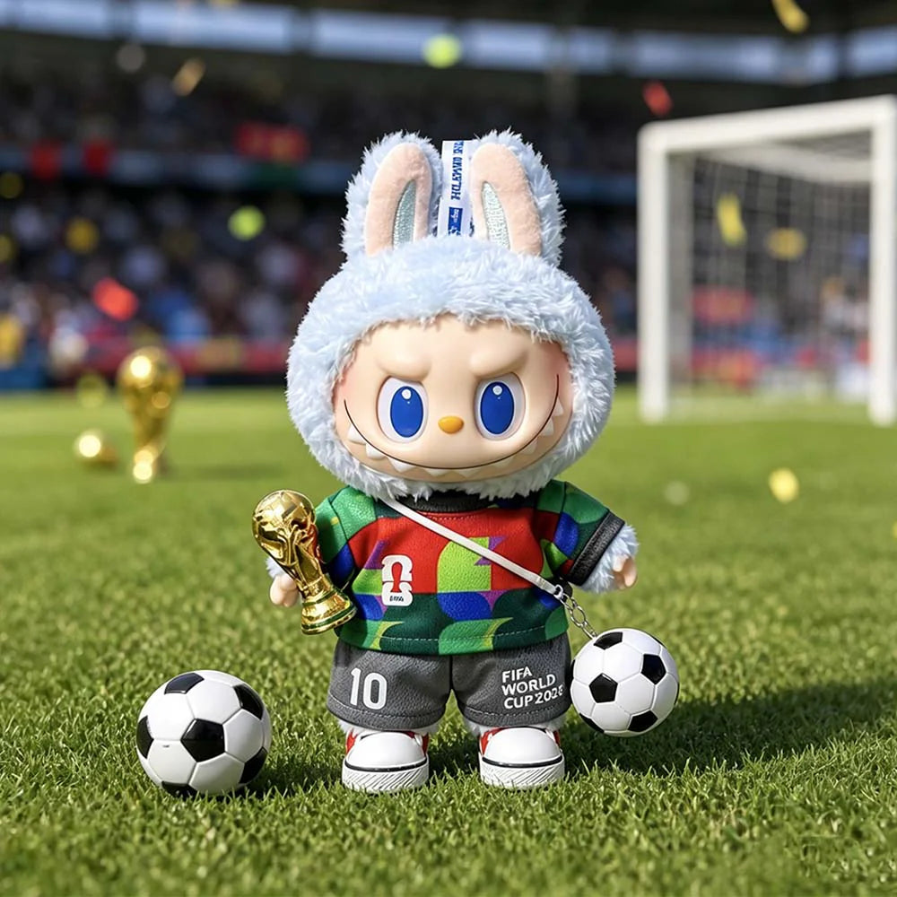 Labubu Football Jersey Outfit Series - World Cup Inspired - World Cup 5-Piece Set (Trophy + Jersey + Shorts + Ball + Canvas Shoes) doll outfit front view | KikiBuddies