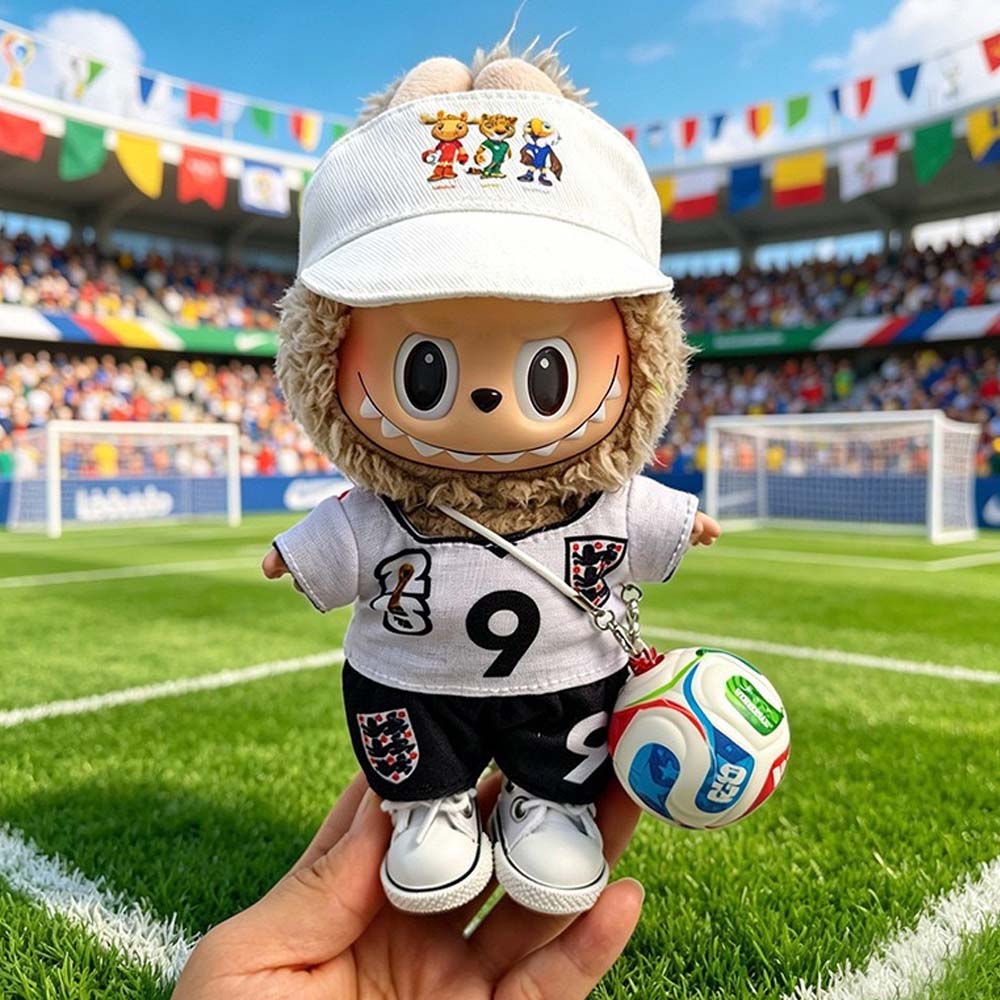 Labubu Football Jersey Outfit Series - World Cup Inspired Build Your Set 17cm - England #9 / 2-Piece + Hat + Ball + Shoes (Full Set) doll outfit front view | KikiBuddies