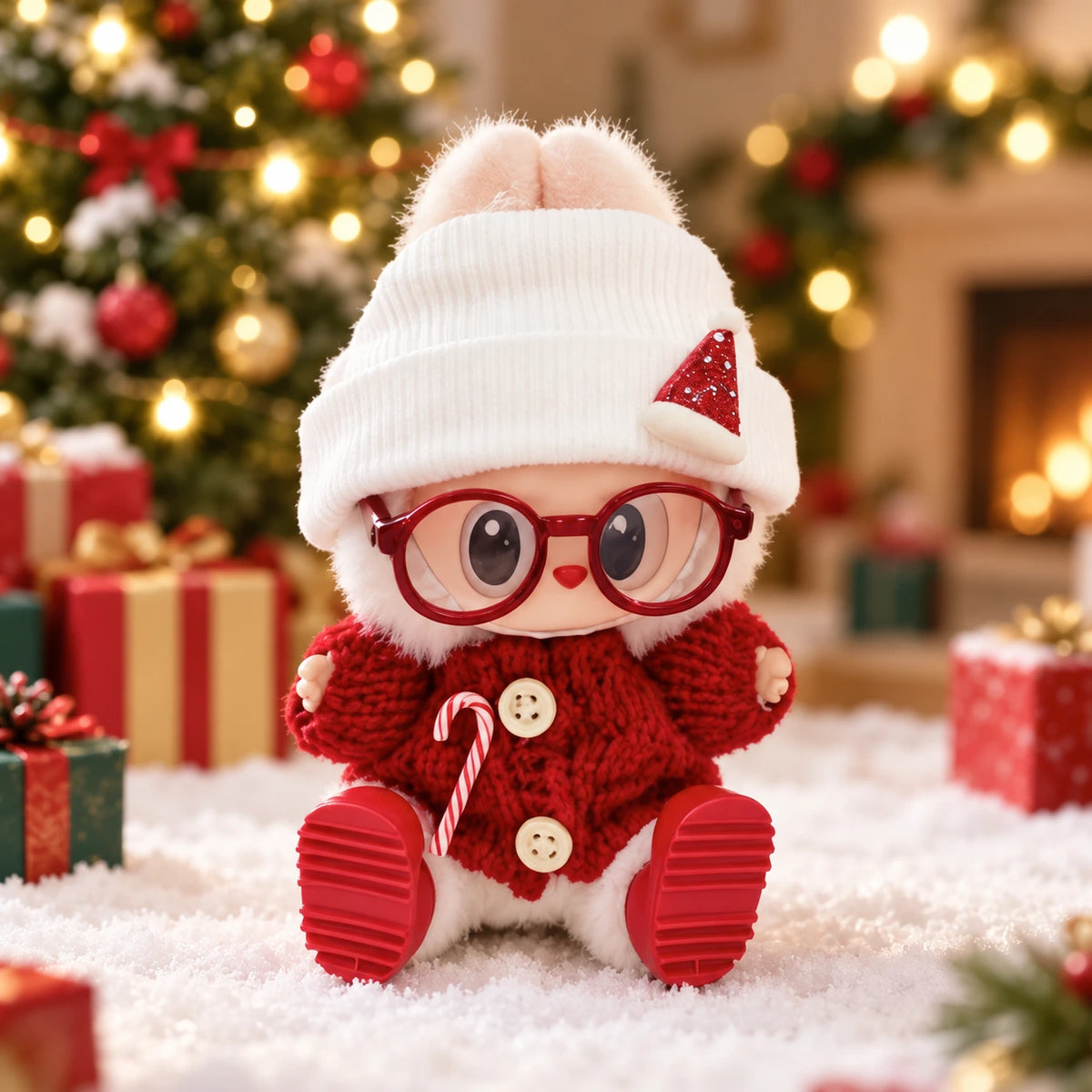 White Beanie Christmas Sweater Labubu outfit for a 17 cm doll; clothing only, doll not included.