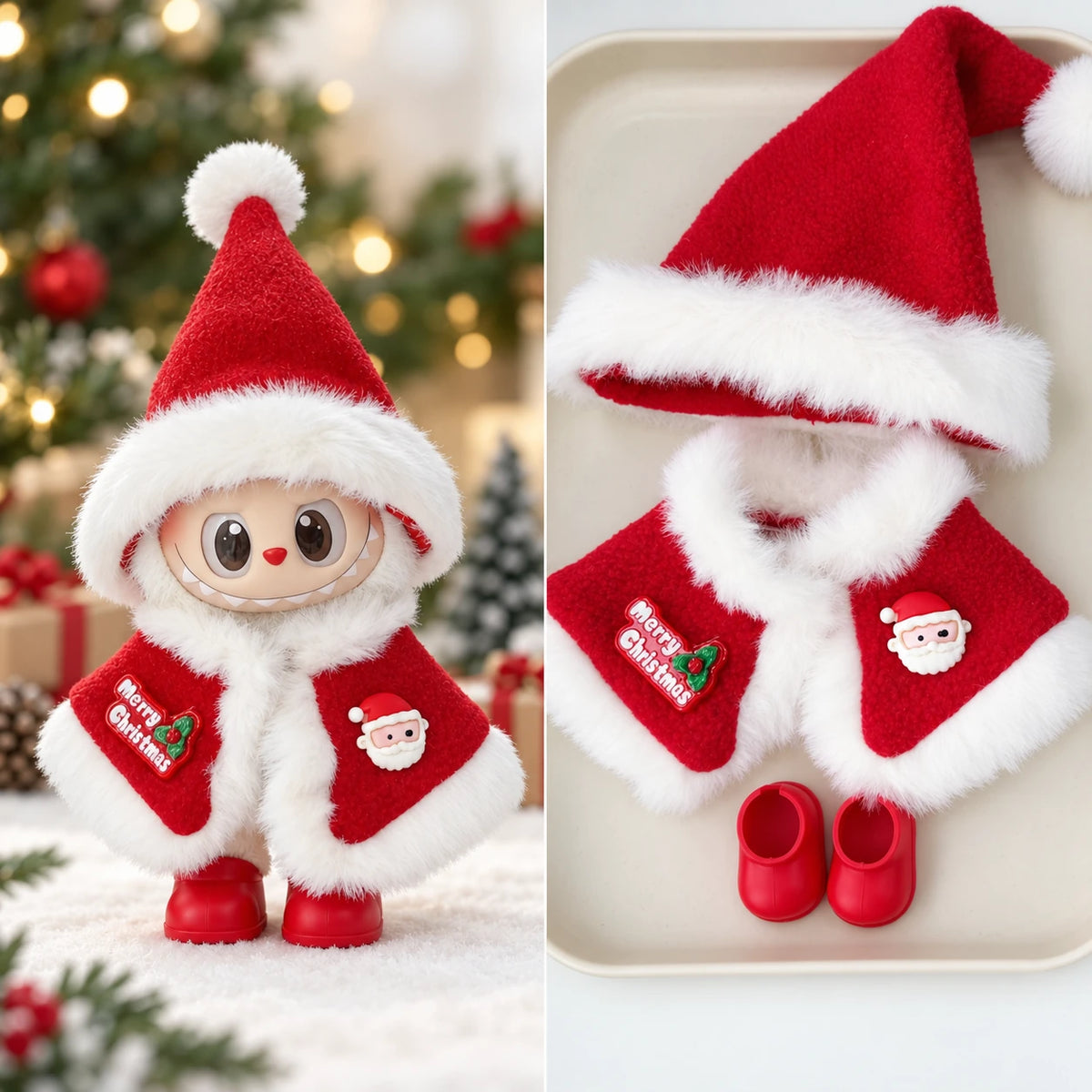 Santa Cape - 3 Pieces Labubu outfit for a 17 cm doll; clothing only, doll not included.