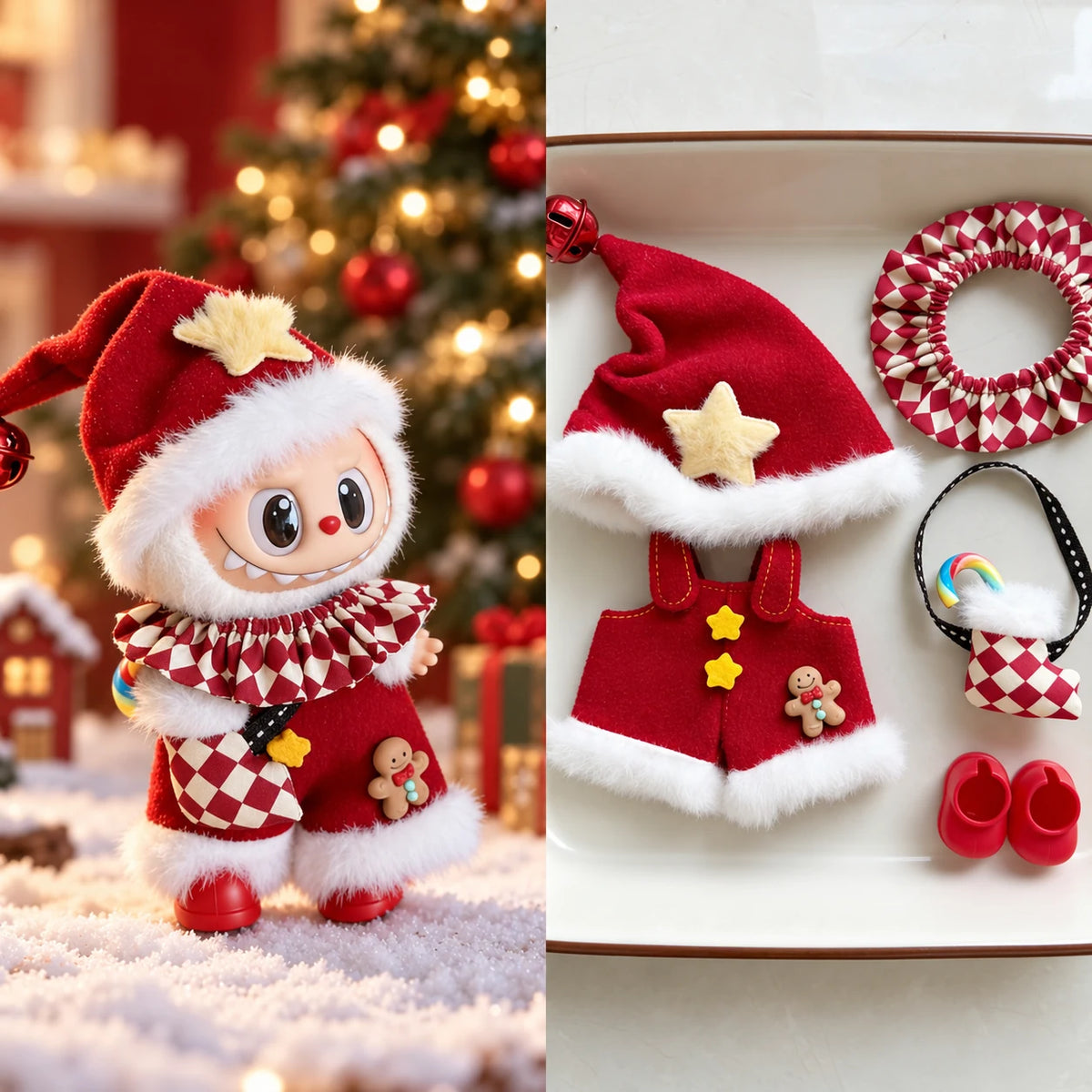 Christmas Jester - 5 Pieces Labubu outfit for a 17 cm doll; clothing only, doll not included.
