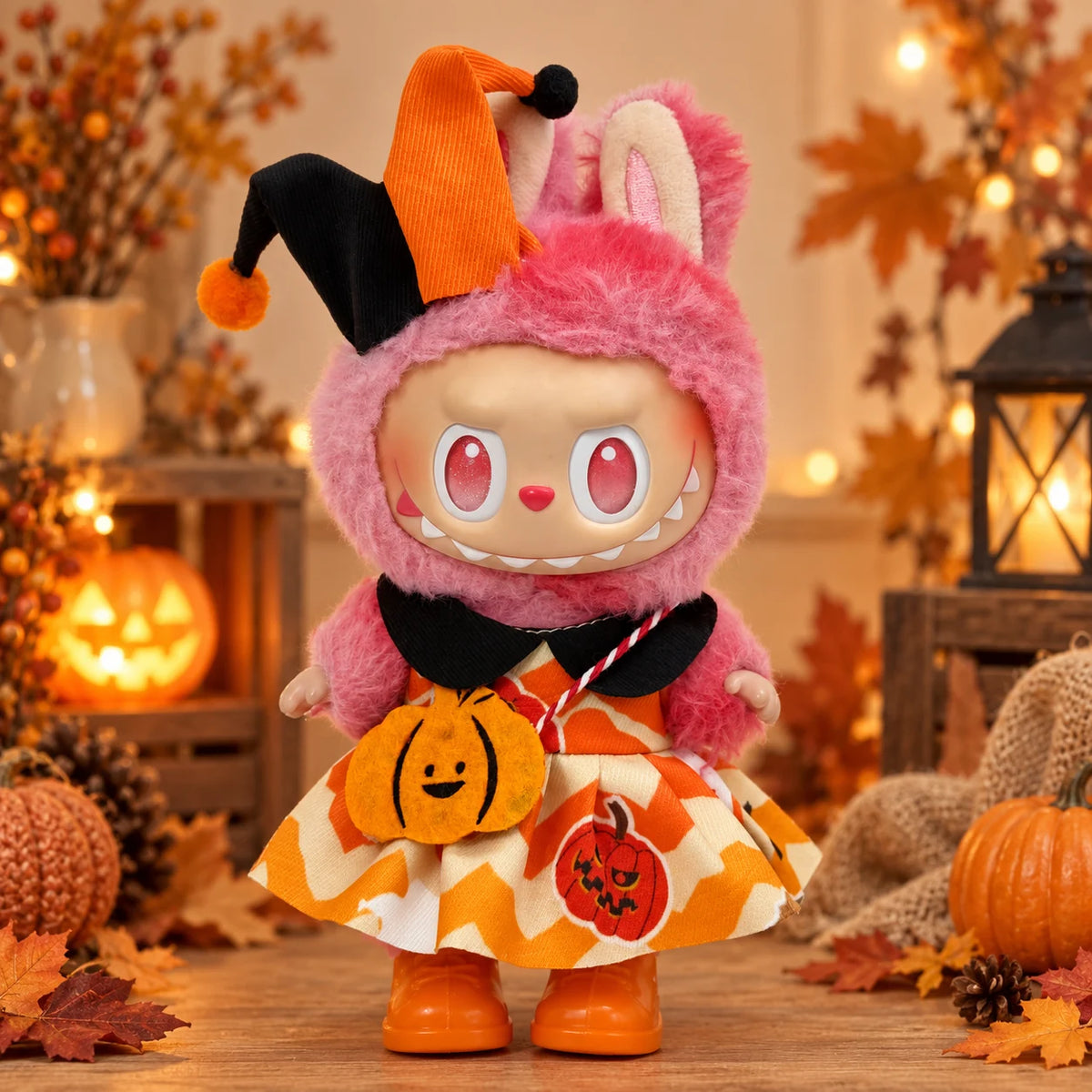 Labubu doll modeling the pumpkin jester Halloween outfit