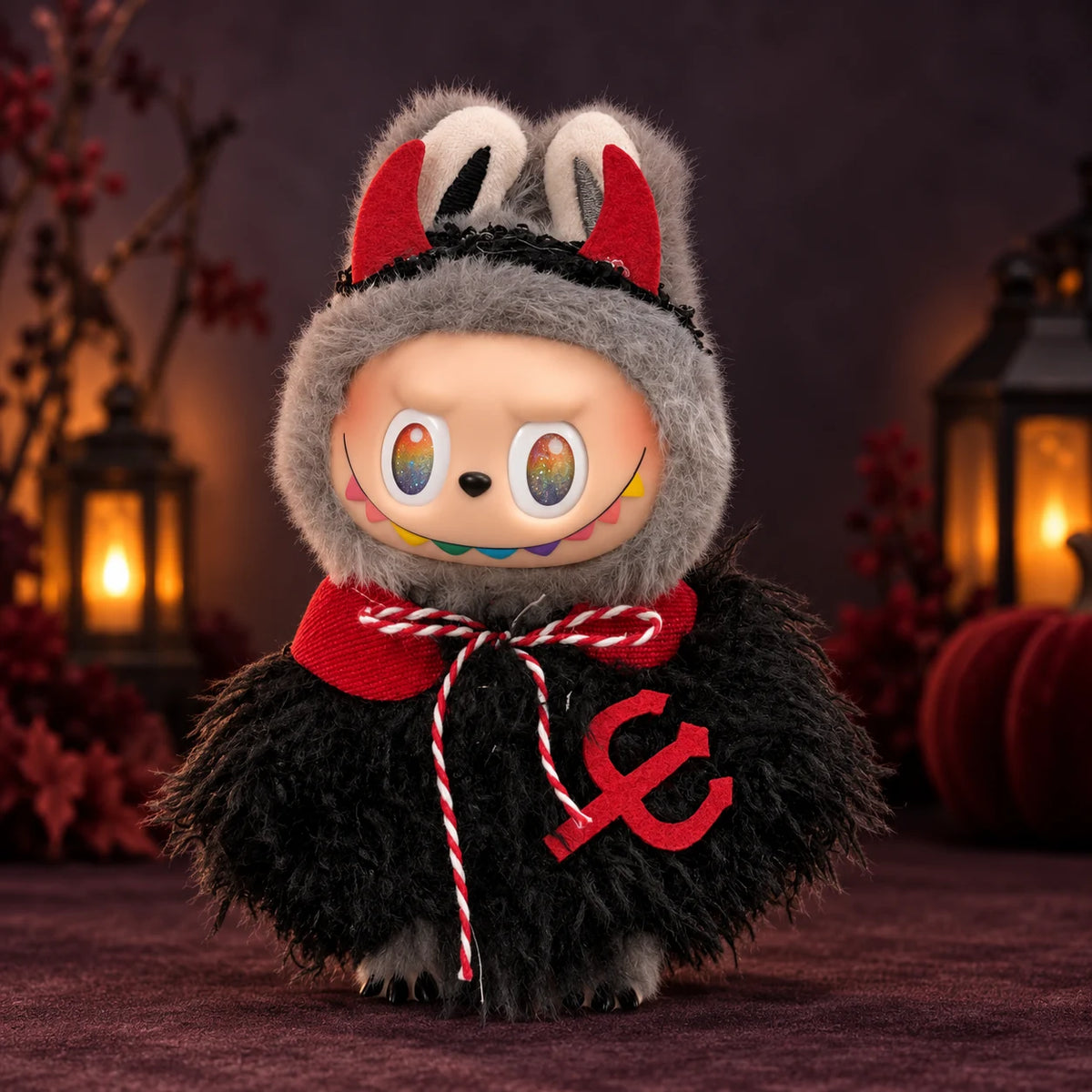 Labubu doll modeling the black devil cape Halloween outfit