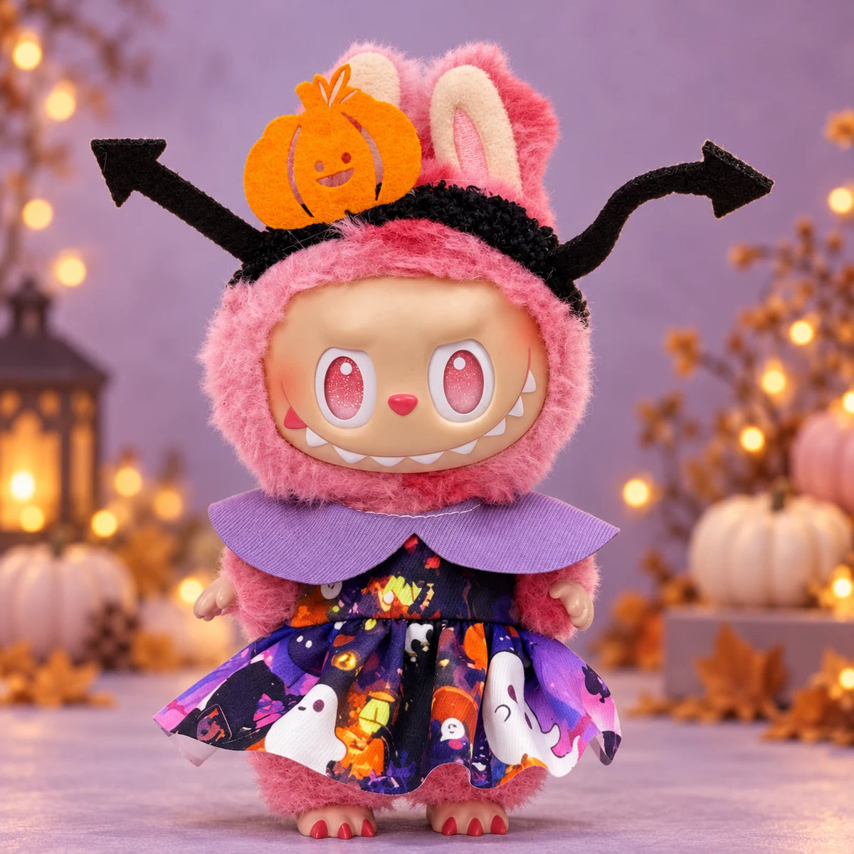 Labubu doll modeling the purple ghost dress Halloween outfit