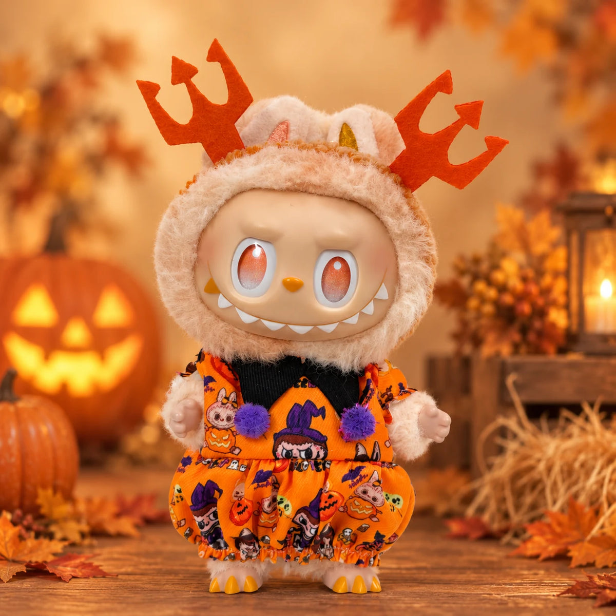 Labubu doll modeling the orange Halloween outfit