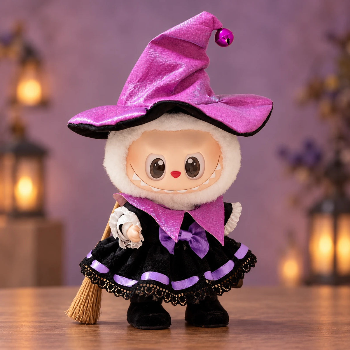 Labubu doll modeling the purple witch Halloween outfit