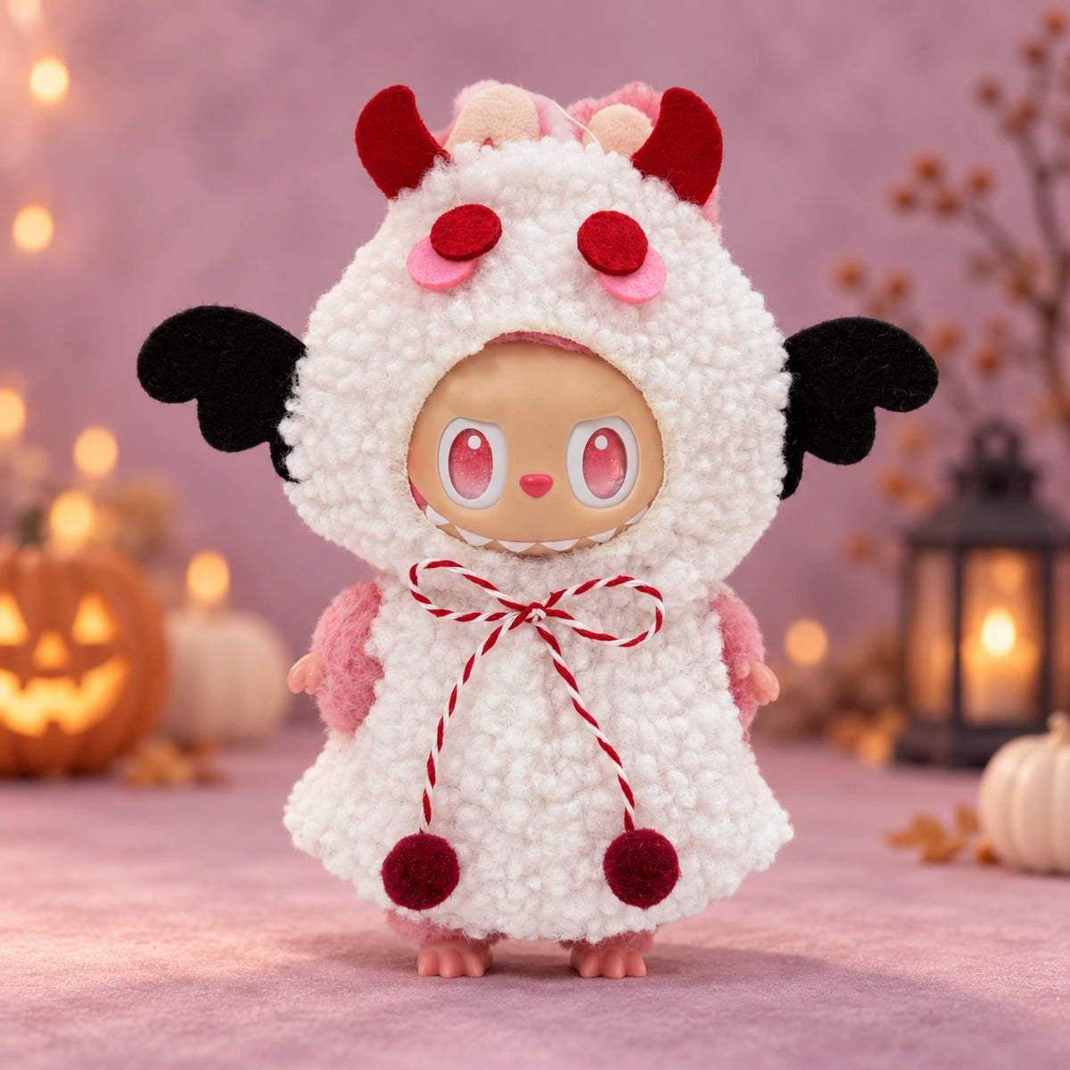 Labubu doll modeling the white hooded monster Halloween outfit