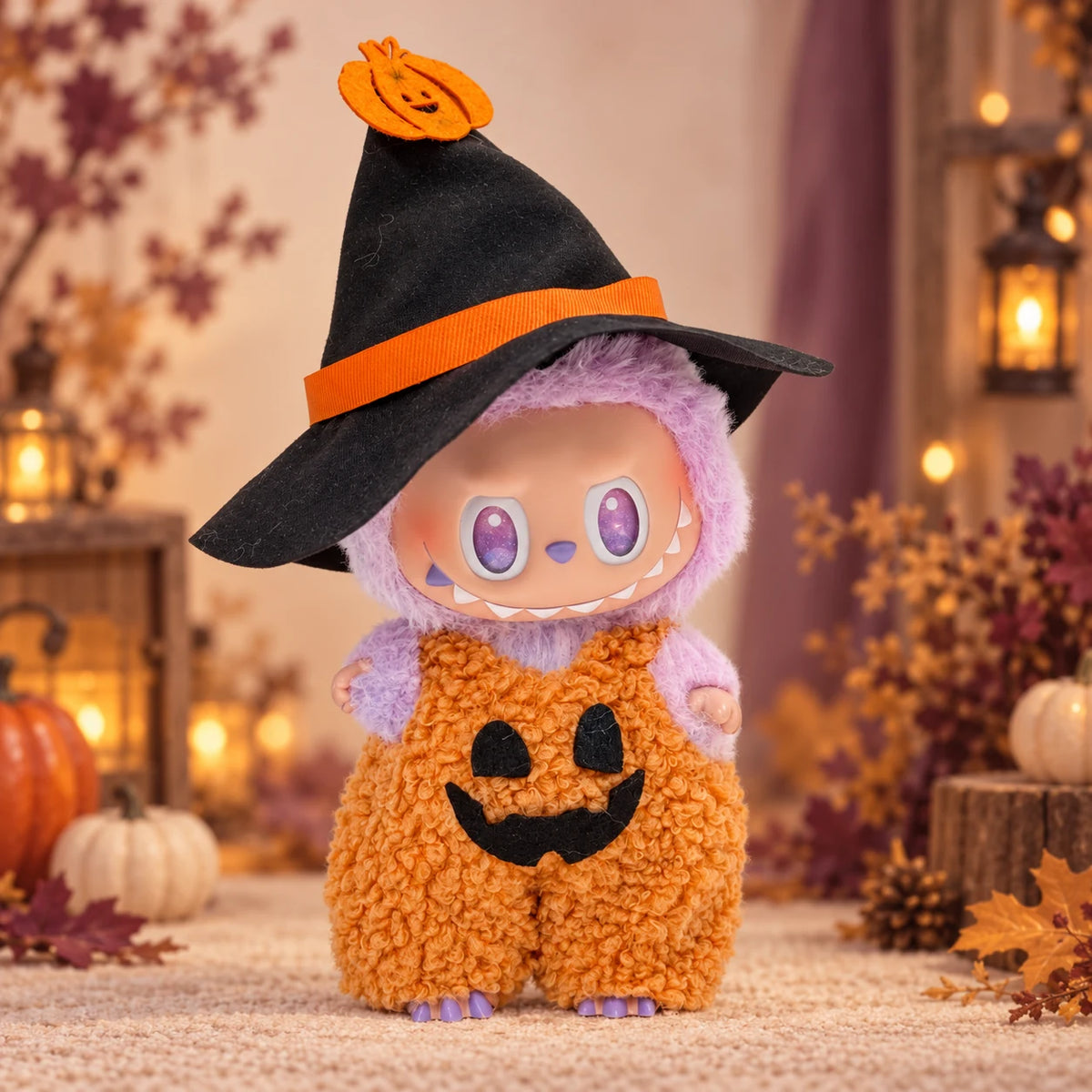Labubu doll modeling the pumpkin witch Halloween outfit