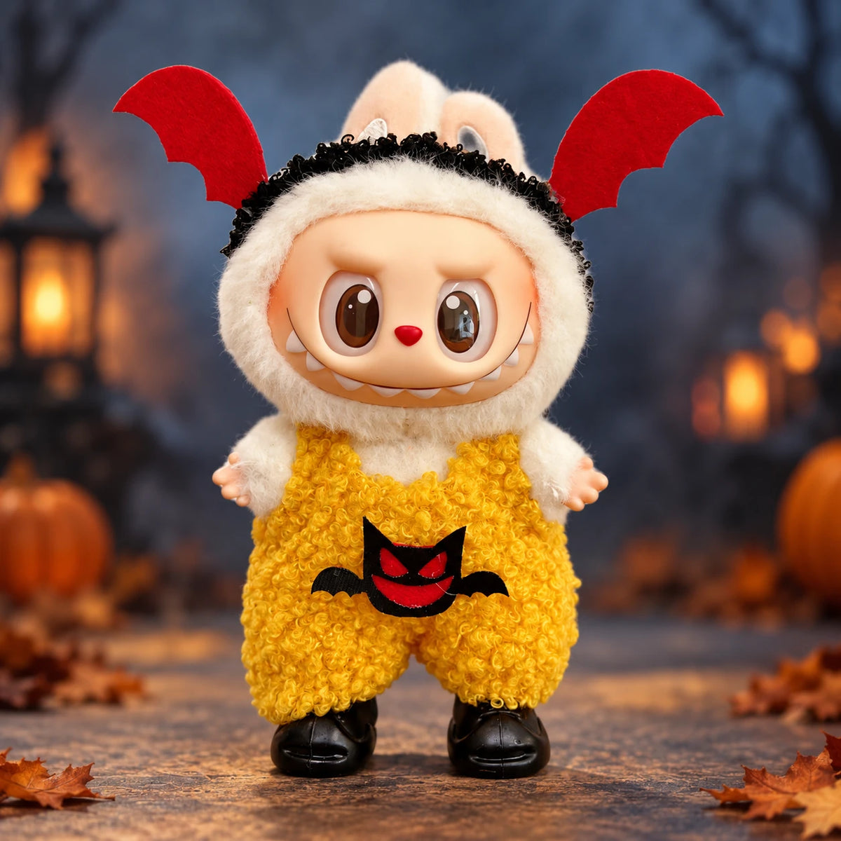Labubu doll modeling the yellow bat Halloween outfit
