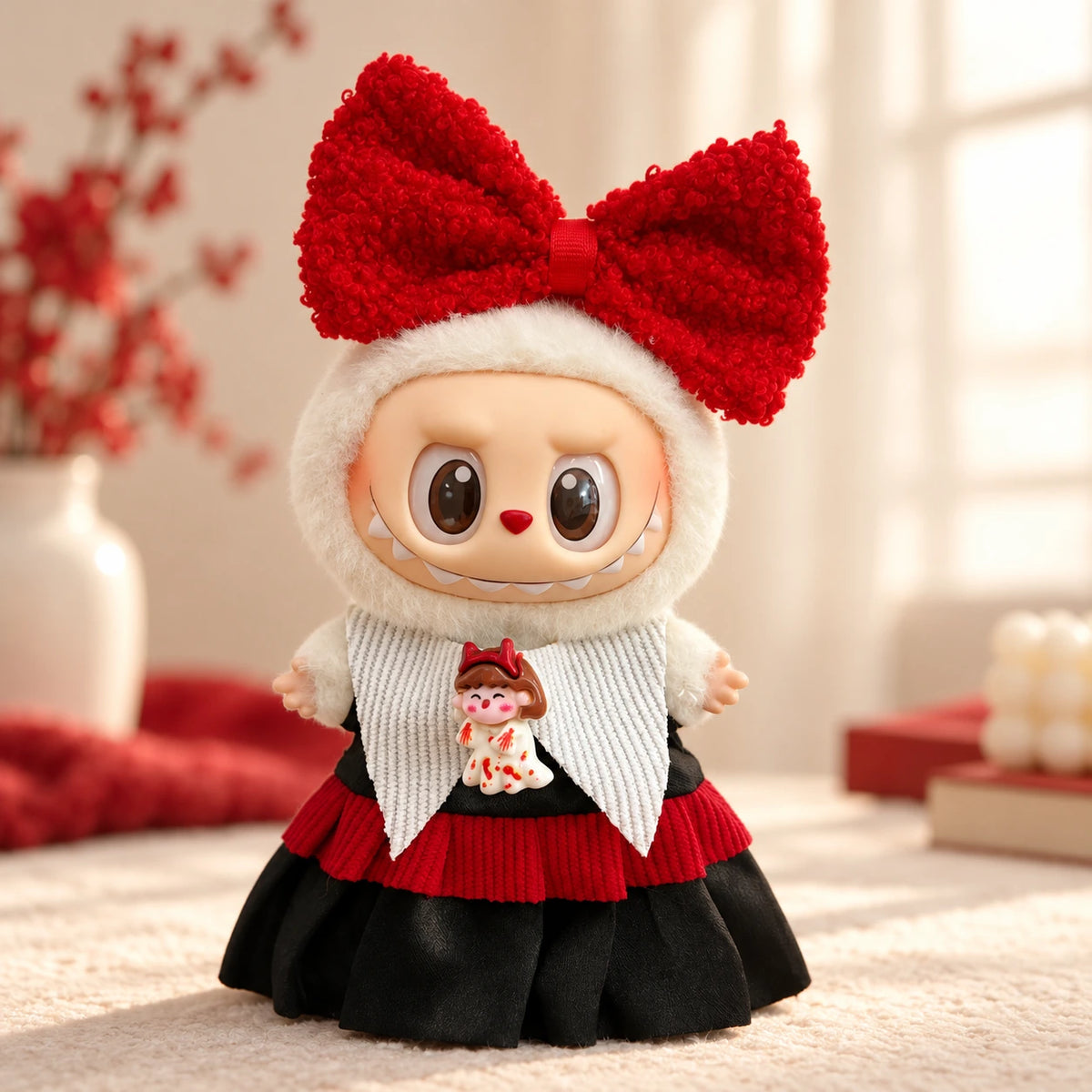 Labubu doll modeling the red bow storybook dress Halloween outfit