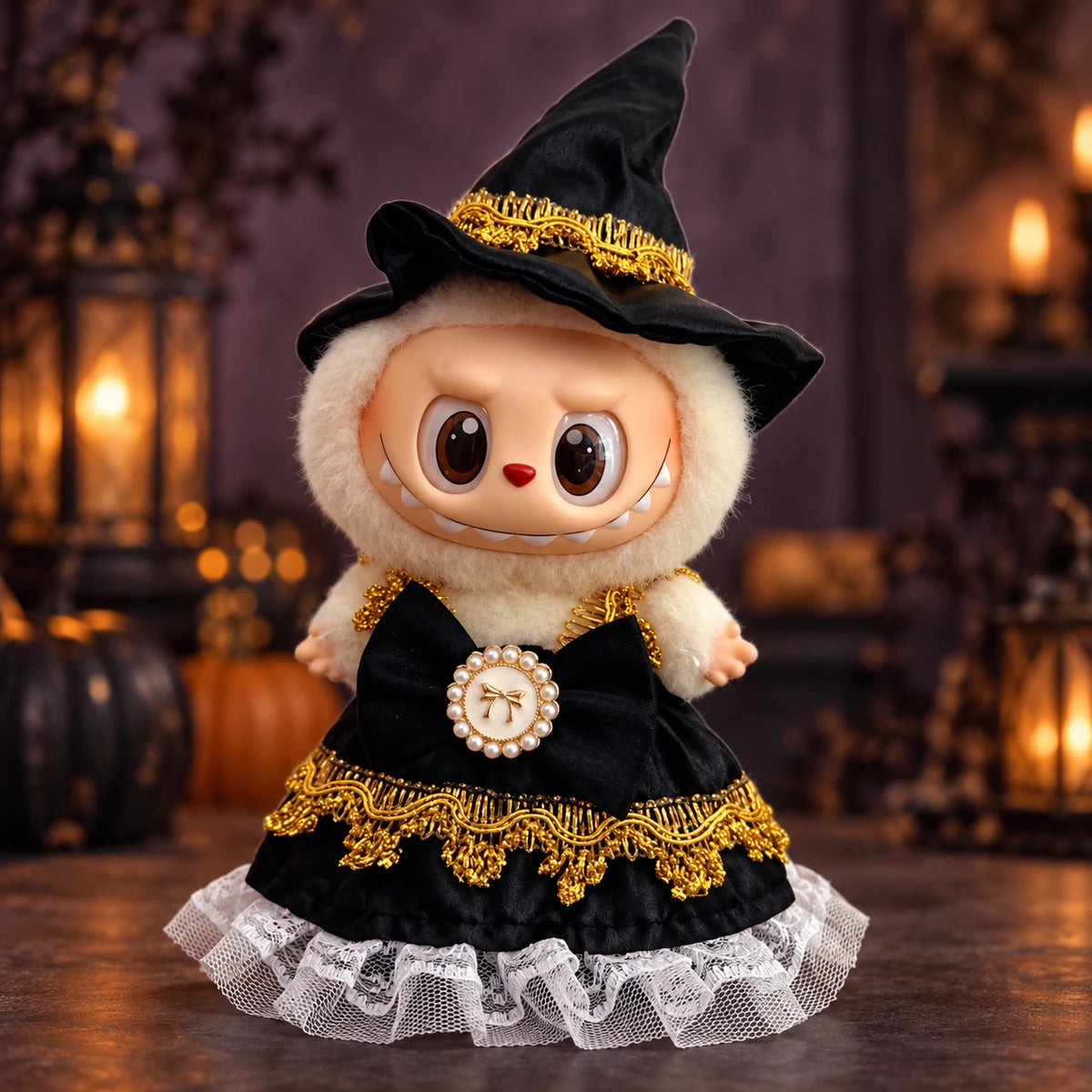 Labubu doll modeling the black gold lace witch Halloween outfit