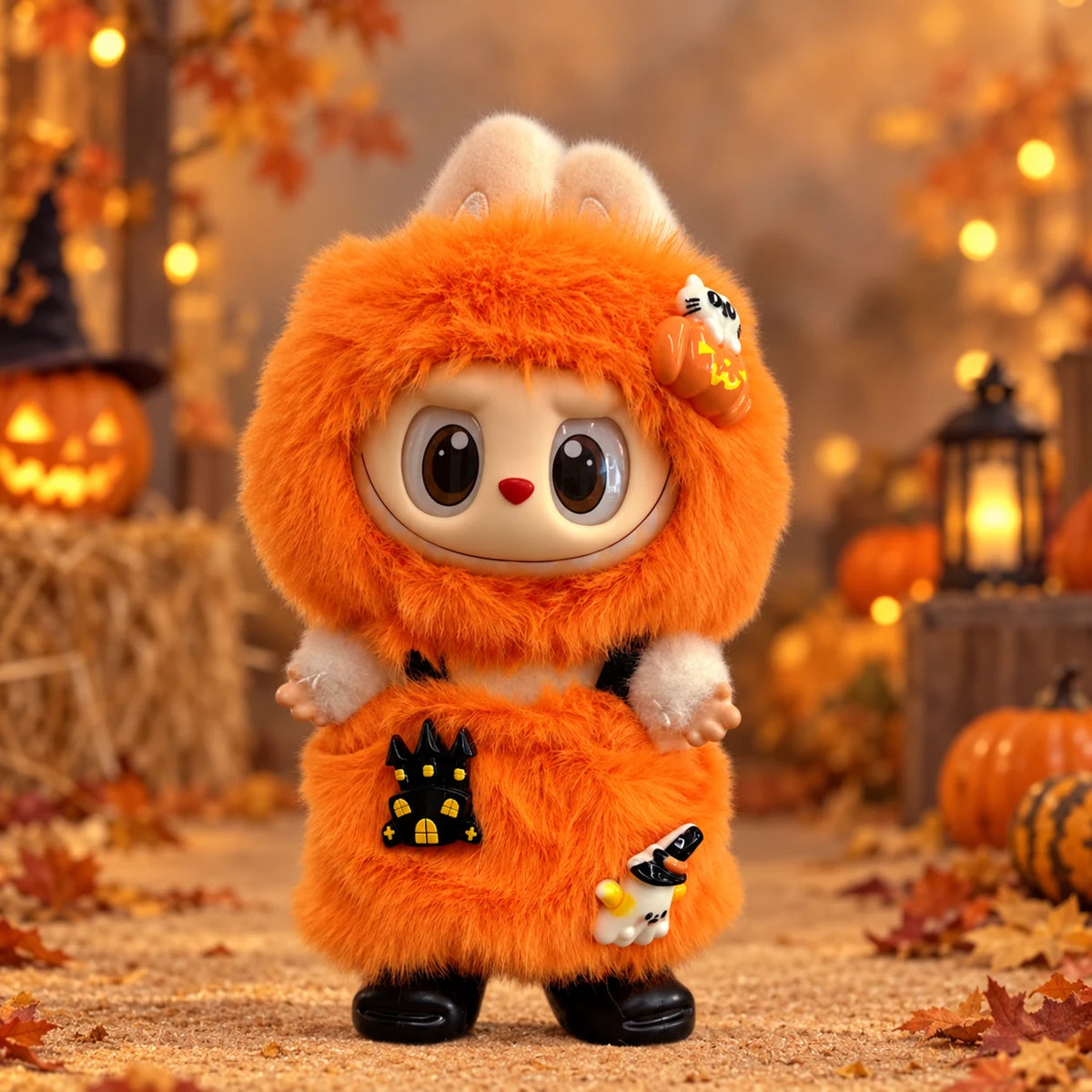 Labubu doll modeling the orange fuzzy Halloween outfit
