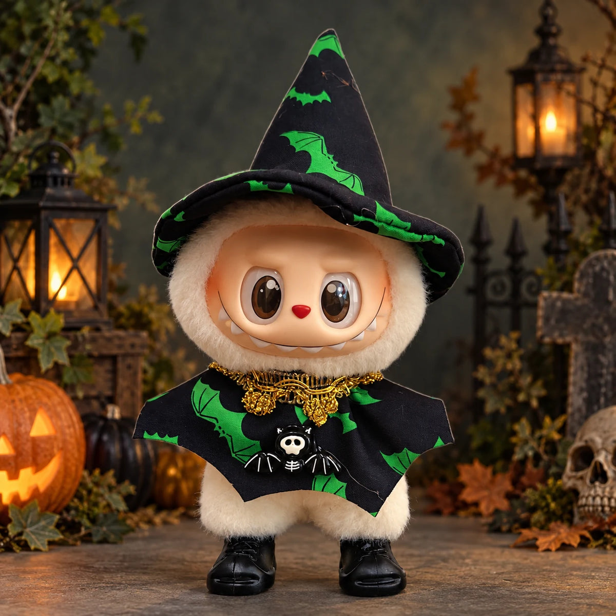 Labubu doll modeling the green bat cape Halloween outfit