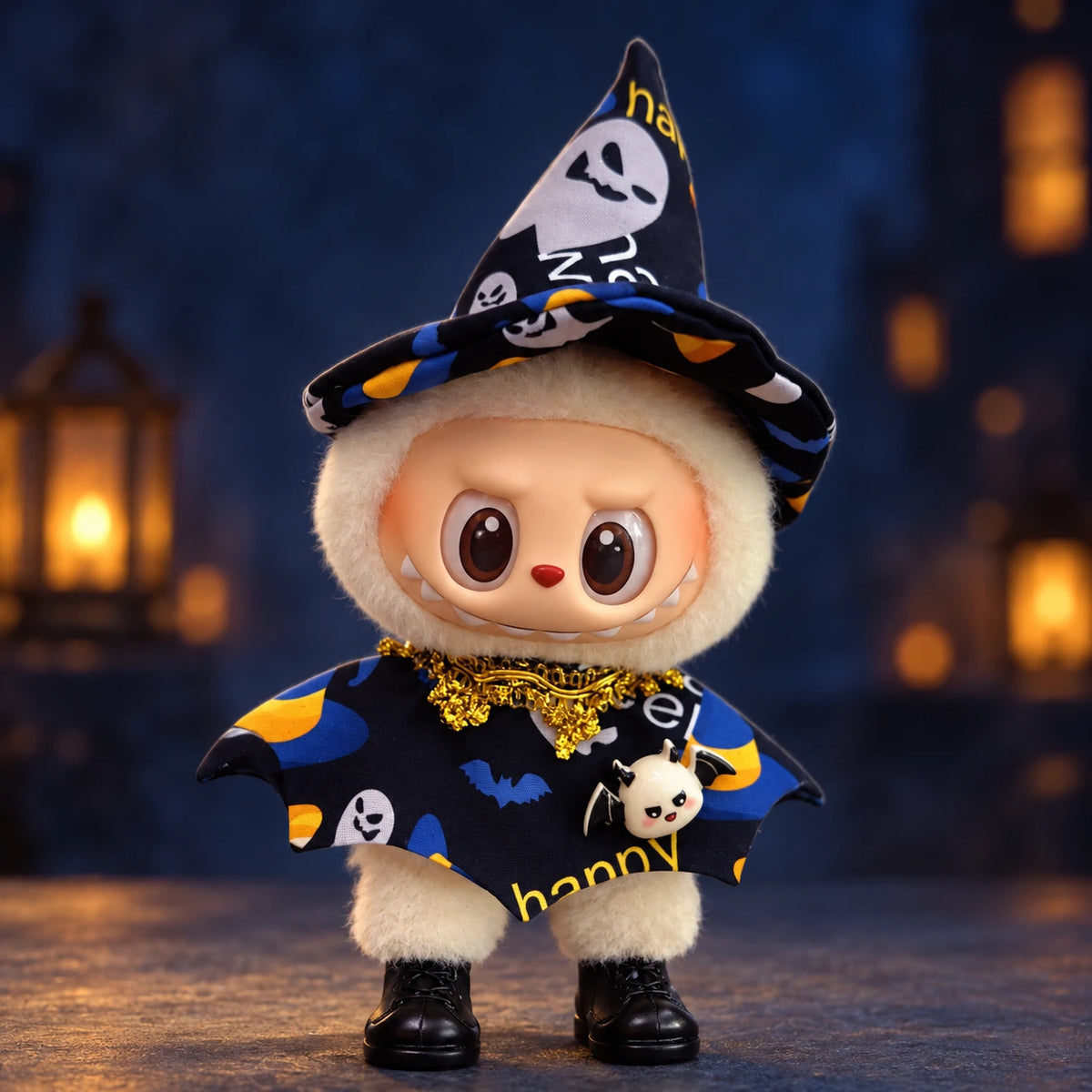 Labubu doll modeling the midnight ghost cape Halloween outfit