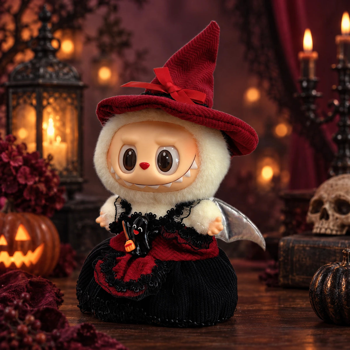 Labubu doll modeling the burgundy batwing witch Halloween outfit