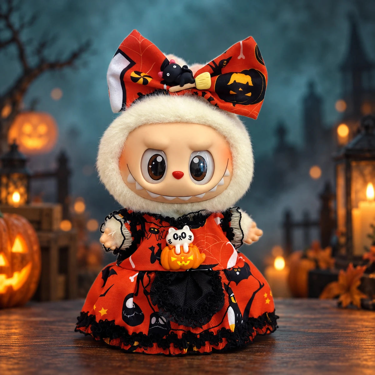 Labubu doll modeling the orange cat bow dress Halloween outfit