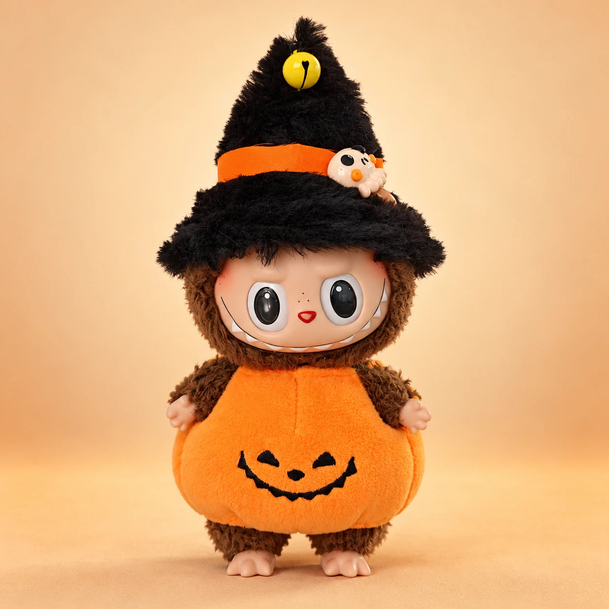 Labubu doll modeling the pumpkin hood Halloween outfit
